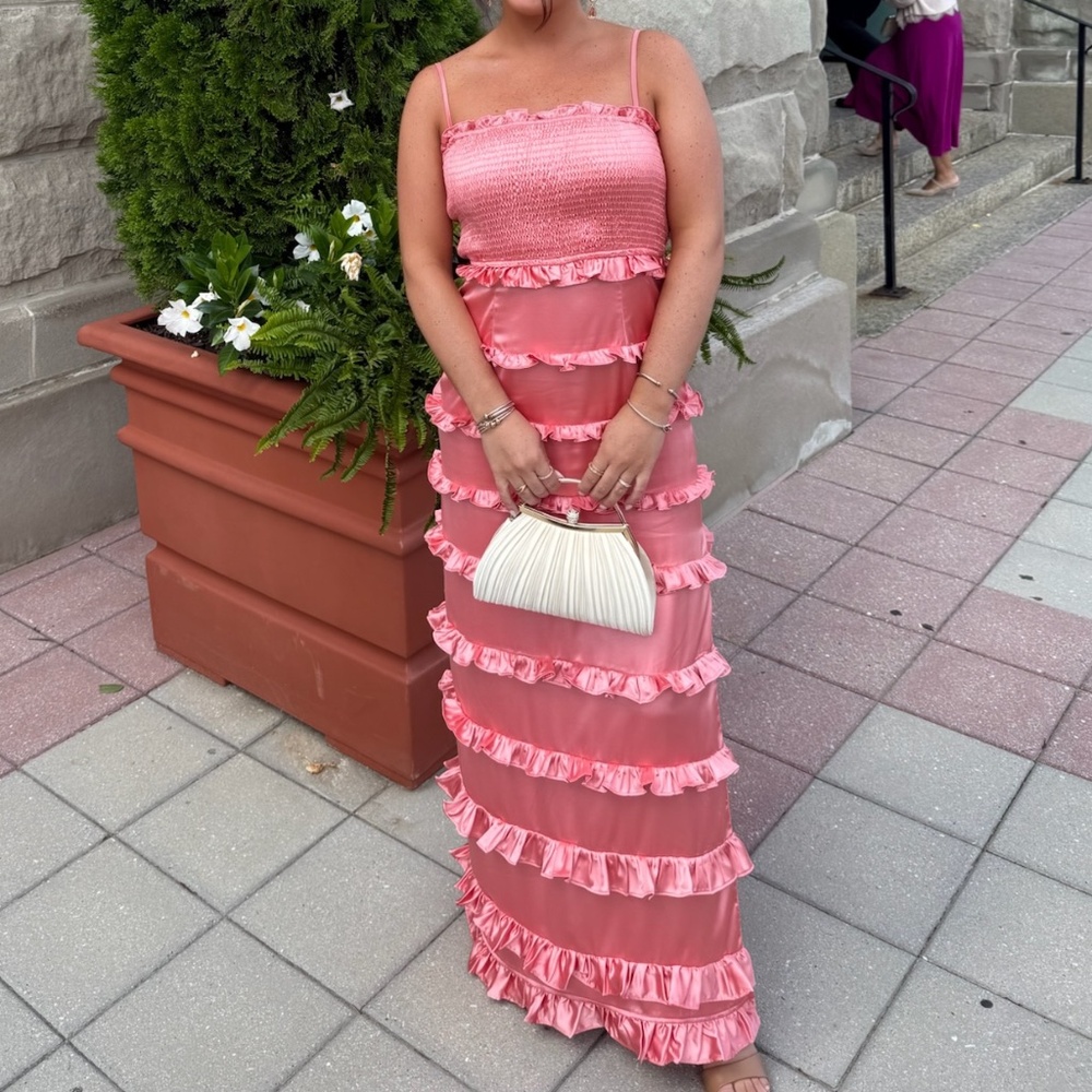 Peach Pink Satin Smocked Ruffled Maxi Dress